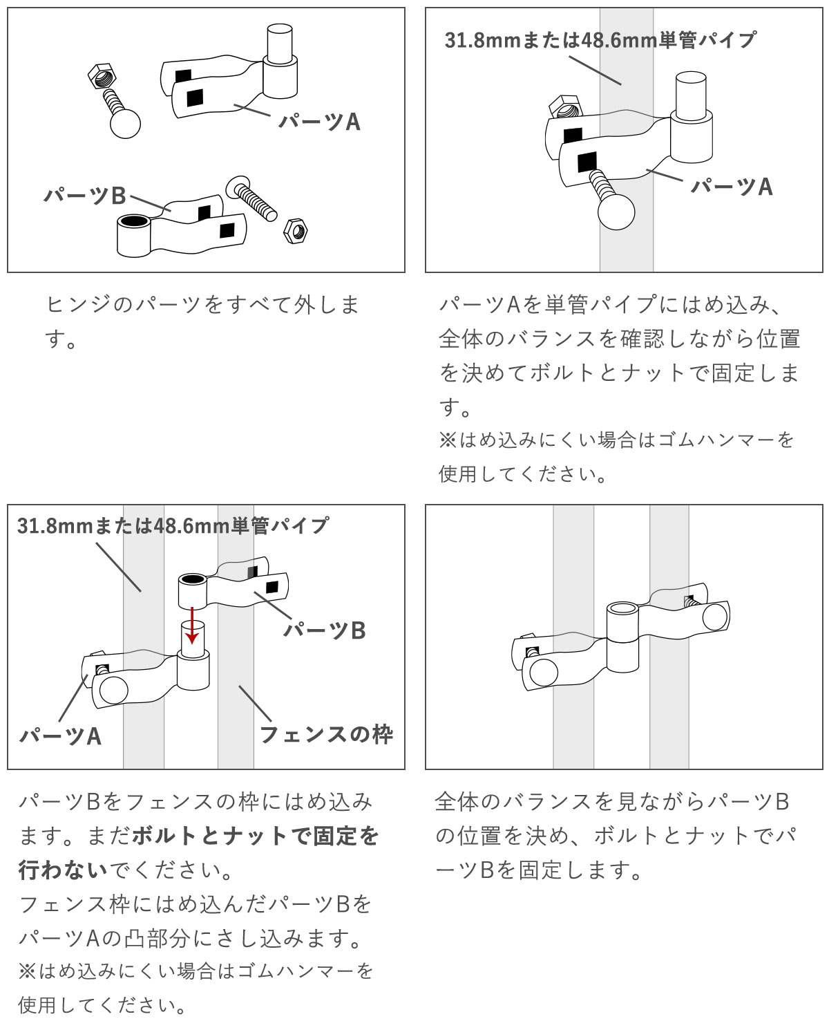 1.ヒンジのパーツをすべて外す。2.パーツAを単管にはめ込み、全体のバランスを見ながら固定。3.パーツBをフェンスの枠にはめ込む。 4.全体のバランスを見ながらパーツBの位置を決めて固定する